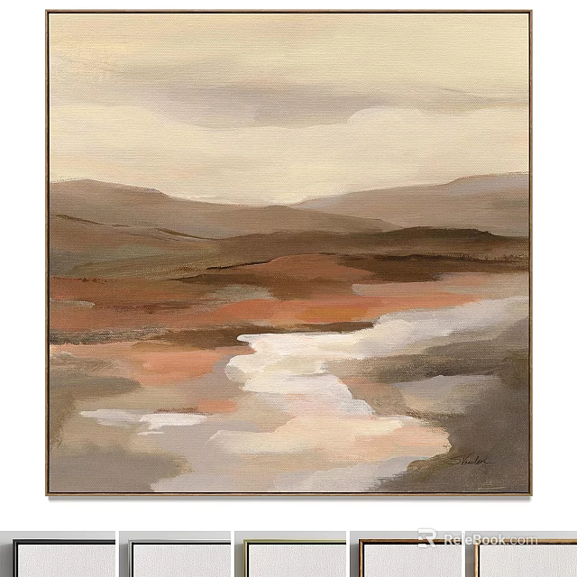Abstract Landscape Painting With Rolling Mountains Soft Sky Warm Tones And Water Reflections 3d model 