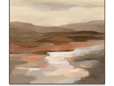Abstract Landscape Painting With Rolling Mountains Soft Sky Warm Tones And Water Reflections 3d model