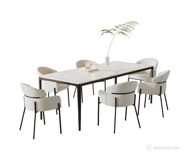 Modern Rectangular Dining Table Set With Six Light Gray Chairs And Green Plant Decor 3d model