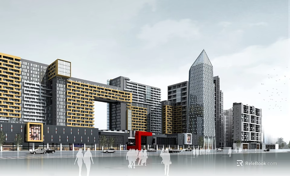 Modern High Rise Residential Building Complex With Glass Curtain Walls And Pedestrian Area 3d model 