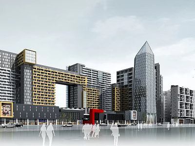 Modern High Rise Residential Building Complex With Glass Curtain Walls And Pedestrian Area 3d model