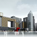 Modern High Rise Residential Building Complex With Glass Curtain Walls And Pedestrian Area