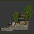 Cartoon Scene Model With Small Cottage Green Trees River And Scenic Pathway