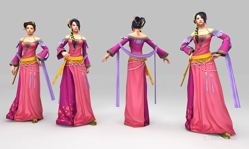 Game and Movie Character in Pink Purple Traditional Costume With Yellow Sash Multiple Angles View 3d model 