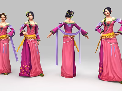Game and Movie Character in Pink Purple Traditional Costume With Yellow Sash Multiple Angles View 3d model