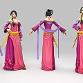 Game and Movie Character in Pink Purple Traditional Costume With Yellow Sash Multiple Angles View