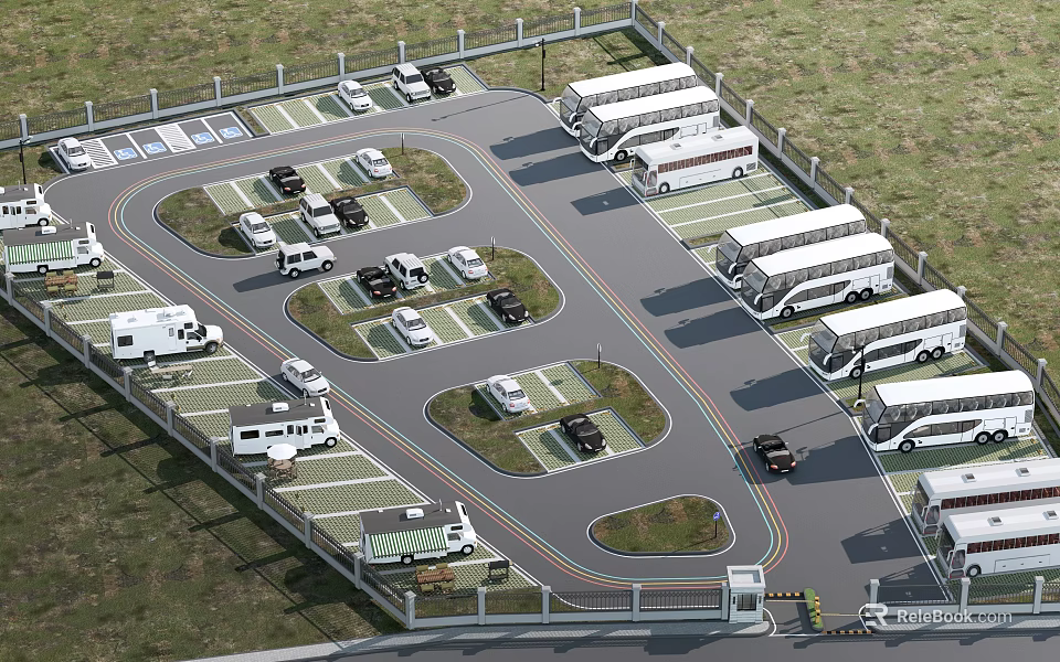 Eco Friendly Parking Lot With Green Landscaped Areas Curved Roads And Bus Parking Bays 3d model 