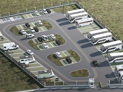 Eco Friendly Parking Lot With Green Landscaped Areas Curved Roads And Bus Parking Bays 3d model