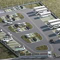 Eco Friendly Parking Lot With Green Landscaped Areas Curved Roads And Bus Parking Bays