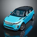 Blue Modern SUV Featuring Black Roof Front Grille And Shiny Reflective Surface Design