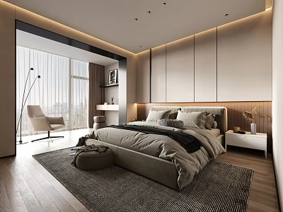 Modern Bedroom Interior With Large Bed Upholstered Headboard Floor to Ceiling Window and Wooden Floor 3d model