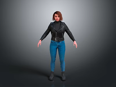 Child Wearing Black Leather Jacket Blue Jeans Standing with Boots on Gray Background 3d model
