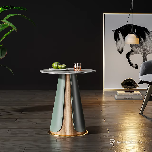 Modern Round Accent Table With Marble Top Green Wooden Base And Apples Glasses On Top 3d model 