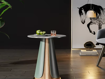 Modern Round Accent Table With Marble Top Green Wooden Base And Apples Glasses On Top 3d model
