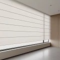 Beige Vertical Striped Roller Curtains In Modern Interior With Large Window And Wooden Cabinets