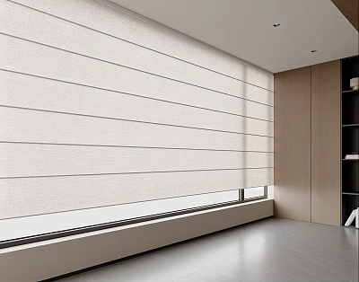 Beige Vertical Striped Roller Curtains In Modern Interior With Large Window And Wooden Cabinets 3d model