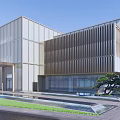 Modern Sales Office Building Facade With Vertical Grilles Glass Curtain Walls And Water Feature