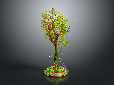 Cartoon Scene With Green Leafy Tree Trunk Mushrooms Stones And Flowers 3d model