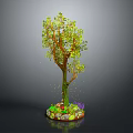 Cartoon Scene With Green Leafy Tree Trunk Mushrooms Stones And Flowers