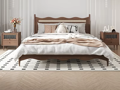 Double Bed With Wooden Headboard Multiple Pillows Blanket Nightstands And Flower Vase On Patterned Rug 3d model