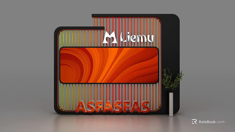 Background Wall Design With Orange Wave Pattern Liemu Logo ASFASEAS Text And Green Plant Vase 3d model 