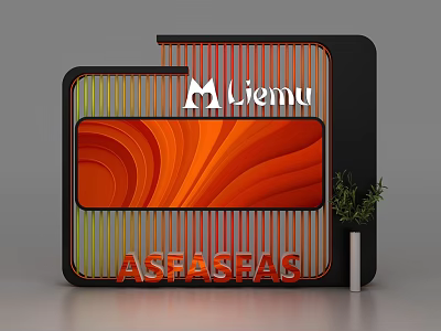 Background Wall Design With Orange Wave Pattern Liemu Logo ASFASEAS Text And Green Plant Vase 3d model