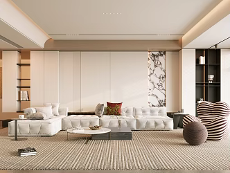 Living Room Sofa Coffee Table Combination Single Sofa Green Plant Potted Plant Jewelry Ornaments Table Lamp Carpet Blinds 3d model
