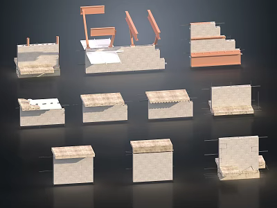 Various Building Components Including Concrete Blocks Brick Walls And Step Structures 3d model