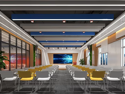 Modern Conference Room With Large Screen Tables Chairs Windows And Plants 3d model