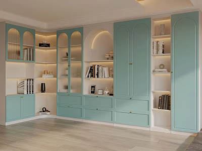 Mint Green Modern Bookcase With Glass Door Compartments Open Shelves And Decorative Items 3d model