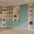 Mint Green Modern Bookcase With Glass Door Compartments Open Shelves And Decorative Items