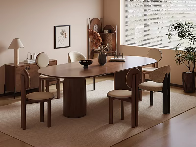 Warm Toned Modern Dining Room With Oval Wooden Table Chairs Side Cabinet And Green Plant 3d model