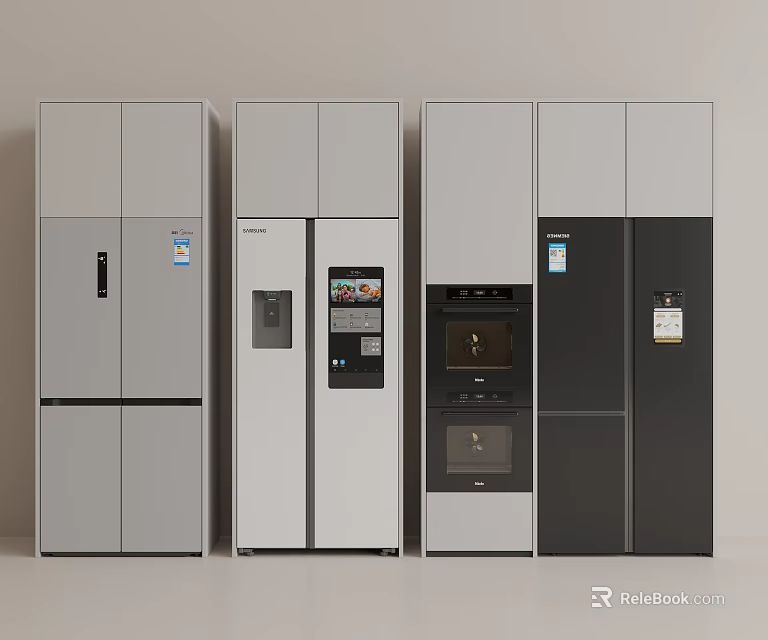 Modern Refrigerators In Different Styles Gray White Black With Display Screens And Door Designs 3d model 