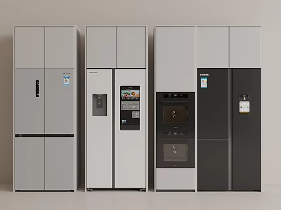 Modern Refrigerators In Different Styles Gray White Black With Display Screens And Door Designs 3d model