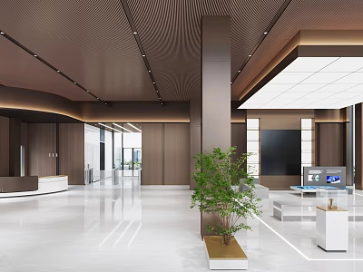 Modern Reception Hall Front Desk With Marble Floor Wooden Walls Green Plant And Display Screen 3d model