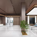 Modern Reception Hall Front Desk With Marble Floor Wooden Walls Green Plant And Display Screen
