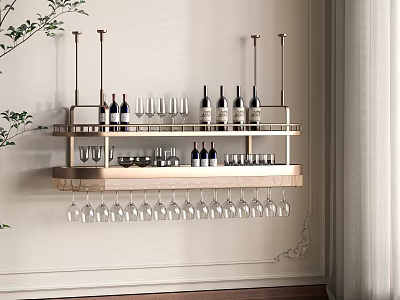 Modern Elegant Wall Mounted Wine Rack with Multiple Shelves Bottles and Hanging Glasses 3d model