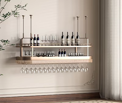 Modern Elegant Wall Mounted Wine Rack with Multiple Shelves Bottles and Hanging Glasses 3d model