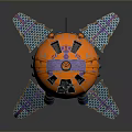 Orange Spherical Mechanical Object With Purple Blue Wings Wheels And Surface Patterns