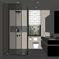 Modern Bathroom With Glass Shower Partition Stone Wall Vanity Toilet And Window Blinds