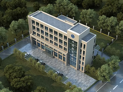 Modern Multi Story Service Hall Building With Surrounding Trees And Parking Area 3d model