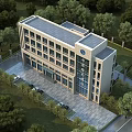 Modern Multi Story Service Hall Building With Surrounding Trees And Parking Area