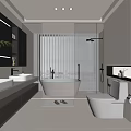 Modern Bathroom Interior Design With Double Sinks Freestanding Bathtub Glass Shower And Large Mirror