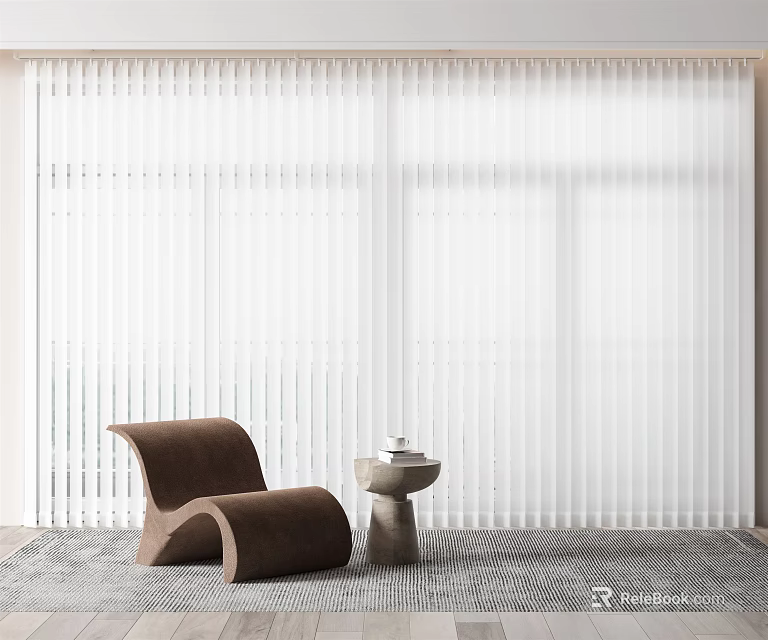 Modern Interior With White Vertical Blinds Brown Chair And Small Round Table 3d model