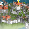 Ancient Castle Architecture Featuring Walls Towers Red Roofs Green Lawn And Rainy View