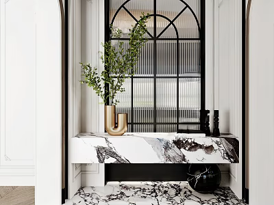 Modern Entryway Hallway Interior Design With Marble Countertop Gold Vase And Green Plant 3d model