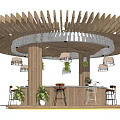 Modern Bar Interior Design With Circular Wooden Radial Structure And Decorative Elements