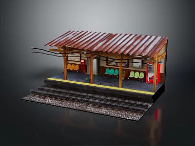 Detailed Miniature Train Station Platform With Corrugated Roof Benches Vending Machine Steps And Railway Tracks 3d model