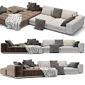 Modern Sectional Sofa with Brown Light Gray Upholstery Decorative Pillows and Cozy Blanket 3d model