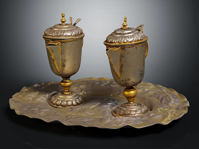 Elegant Metal Cups With Gold Accents On Intricate Decorative Tray 3d model